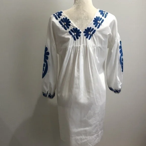 Madewell Blanca embroidered white dress blue stitching XS EUC - Picture 7 of 11